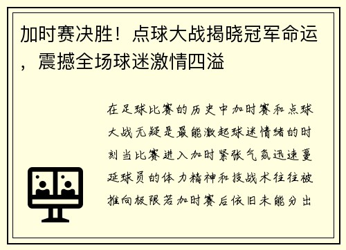 加时赛决胜！点球大战揭晓冠军命运，震撼全场球迷激情四溢