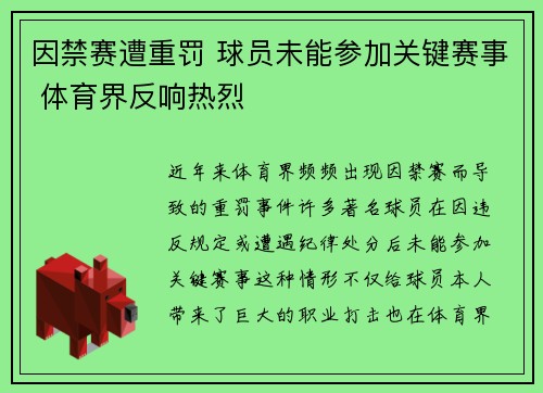 因禁赛遭重罚 球员未能参加关键赛事 体育界反响热烈