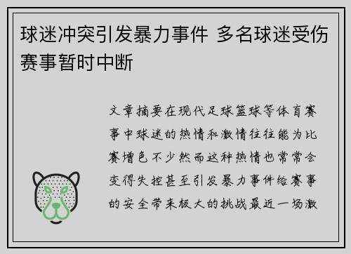 球迷冲突引发暴力事件 多名球迷受伤赛事暂时中断
